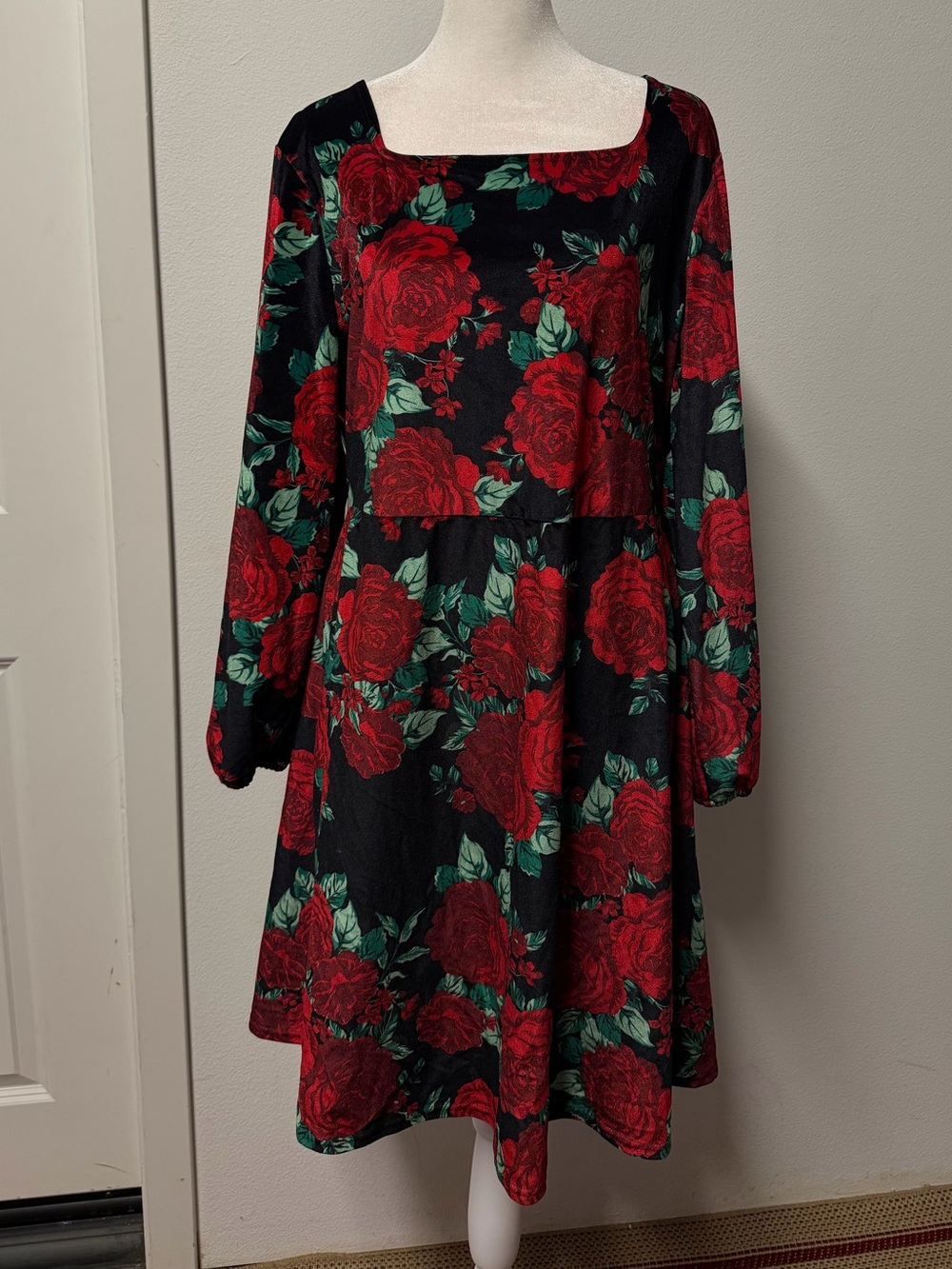 Black & Red Rose Floral Long Sleeve Fit & Flare Dress Women’s